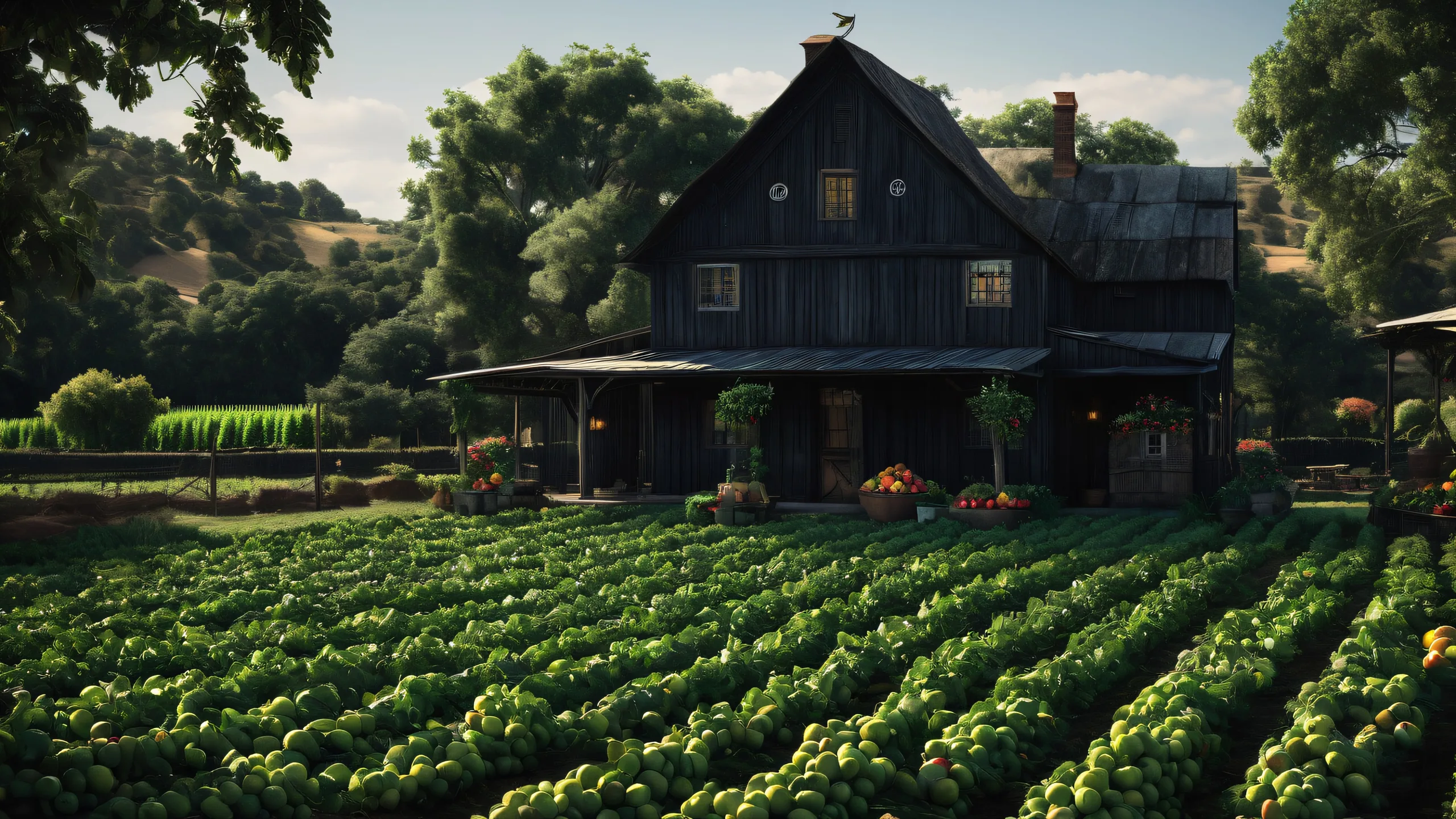 Ultra HD Fruit Farm Fantasy Wallpaper Rustic farmhouse on a fruit farm desktop background for PC or laptop with deep blacks and luminescent accents