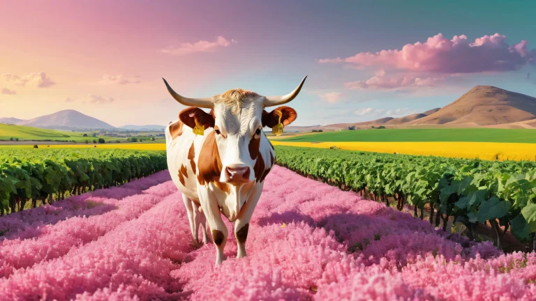 Ethereal desktop wallpaper of a cow-sized fruit on a pristine farm setting for PC or Desktop use.