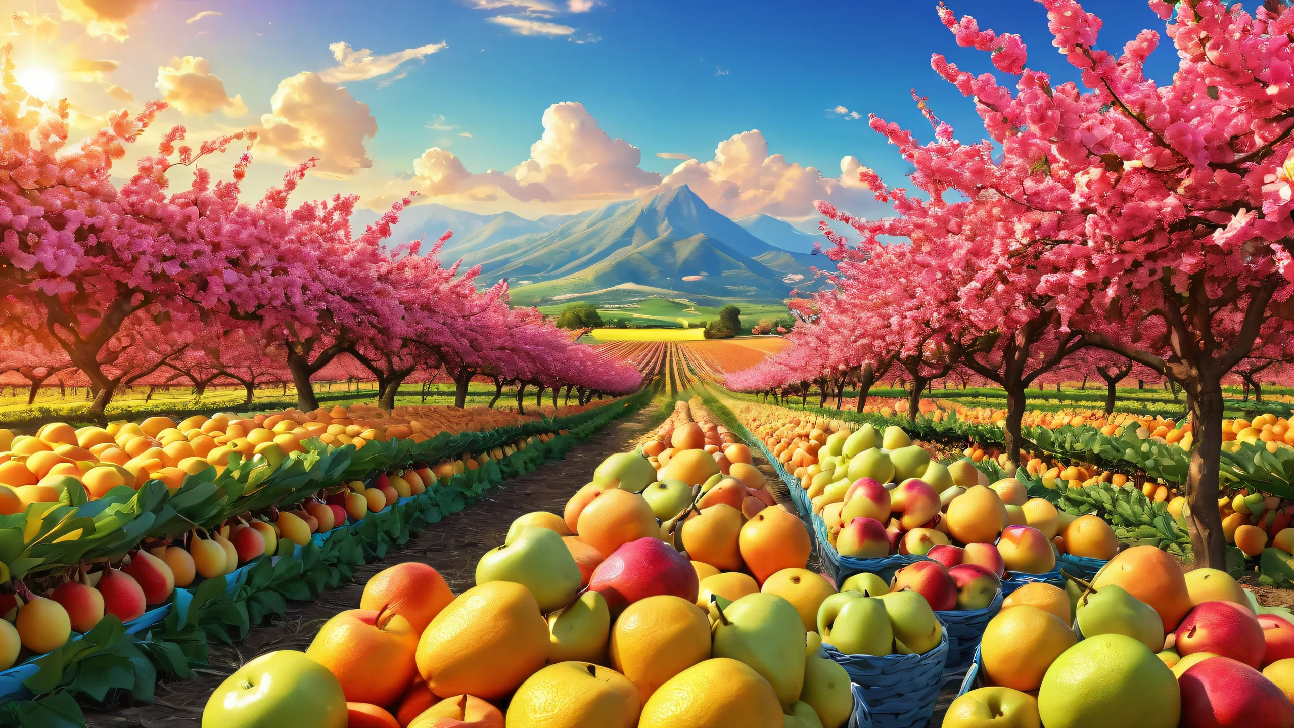 Ethereal farm scenery on a desktop or PC background with vibrant colors and radiant lighting.