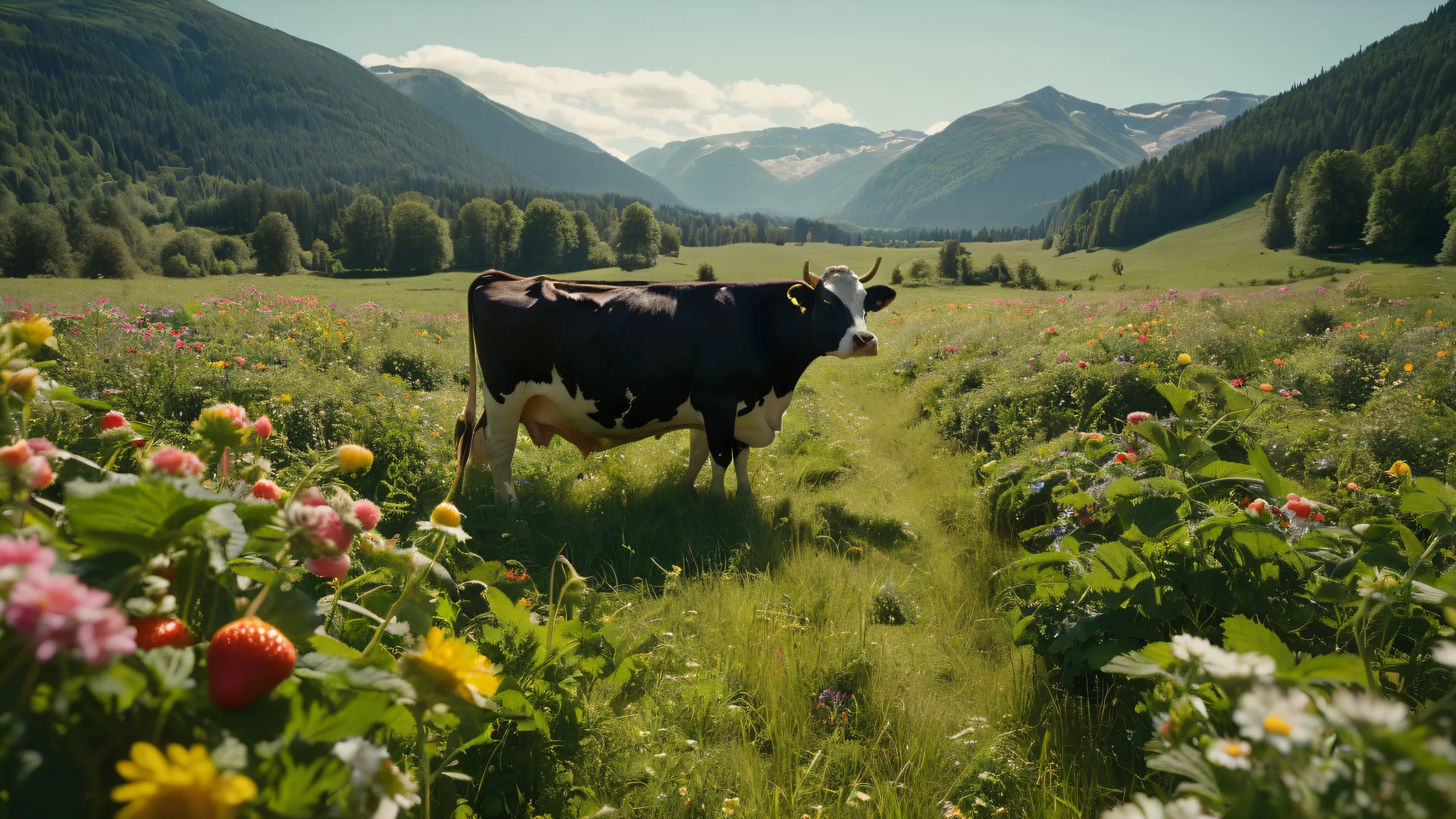 Fruitful Farm Fantasy 4K UHD Wallpaper A bucolic farm scene with anthropomorphic fruit and a rustic farmer, suitable for desktop or PC backgrounds.