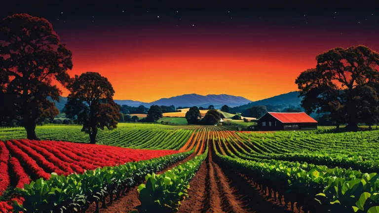 Breathtaking farm landscape on a clean desktop/pc background with extreme depth of field and whimsical illustrations.