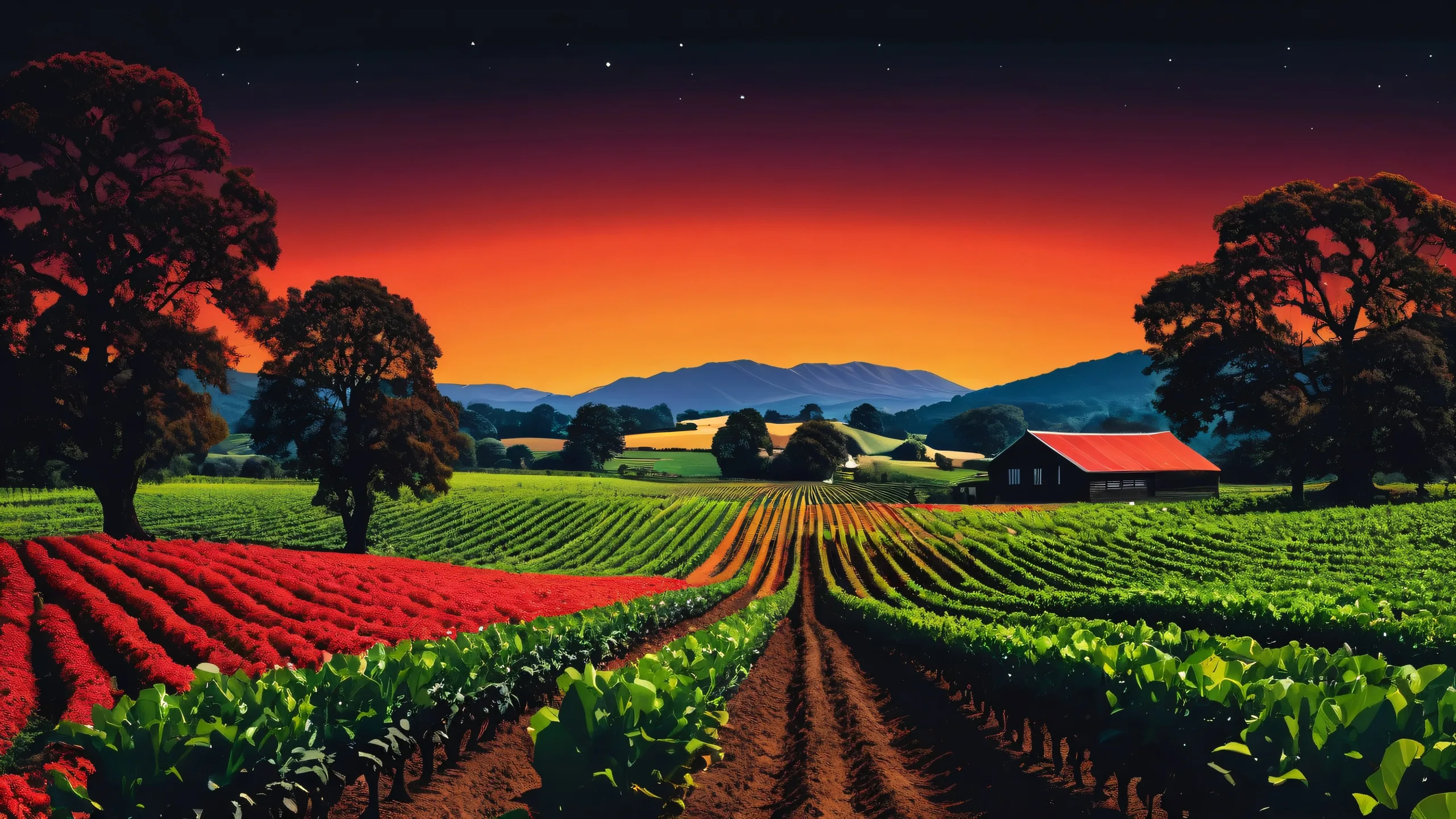 Breathtaking farm landscape on a clean desktop/pc background with extreme depth of field and whimsical illustrations.