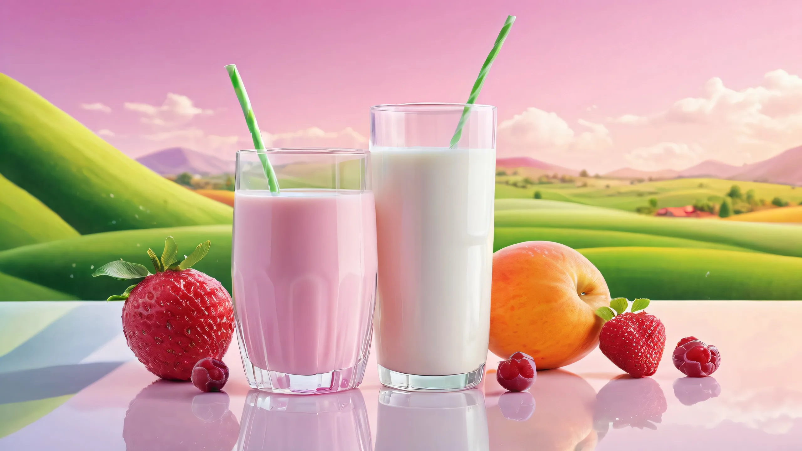 A serene desktop scene of Fruit Milk Farm set against a vast pure void, perfect for desktop/PC backgrounds.