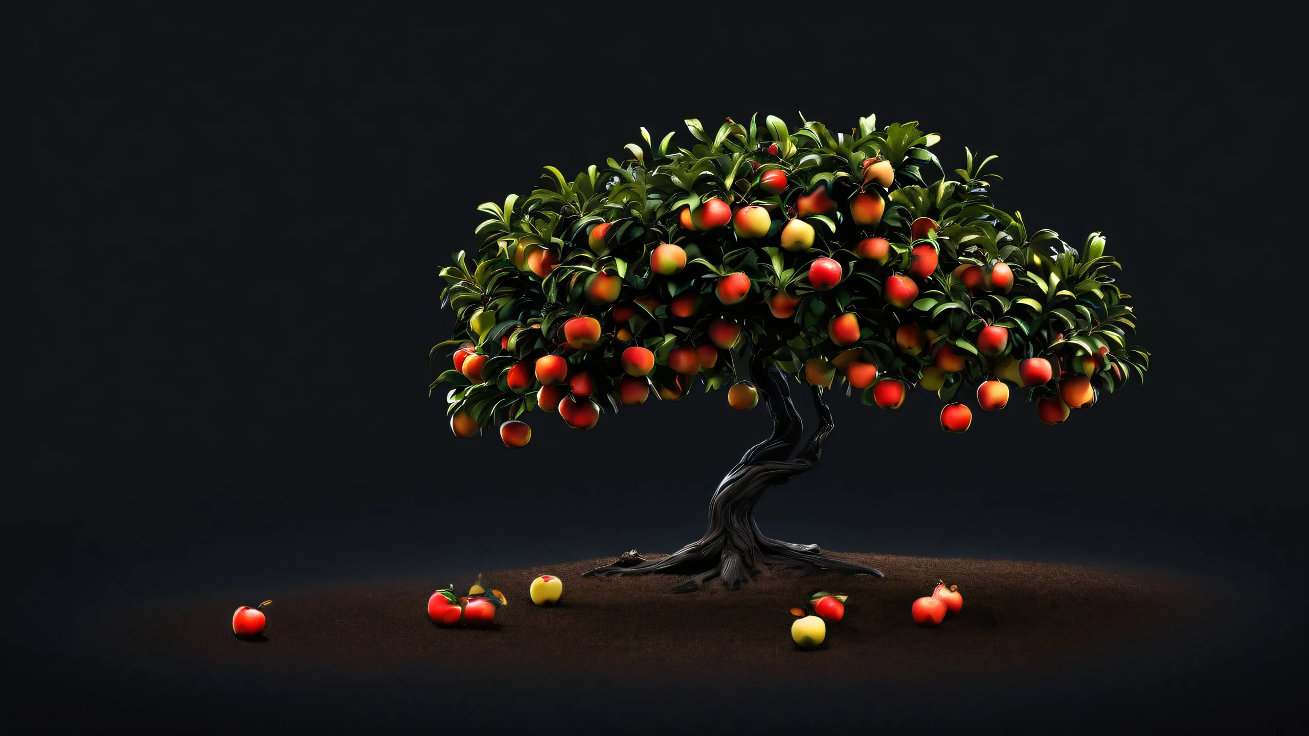 Ultra HD Fruitful Oasis in Darkness WallpaperデスクトップやPCに最適 A stunning digital art piece featuring a fruit tree against a vast pure void, perfect for your desktop or PC.