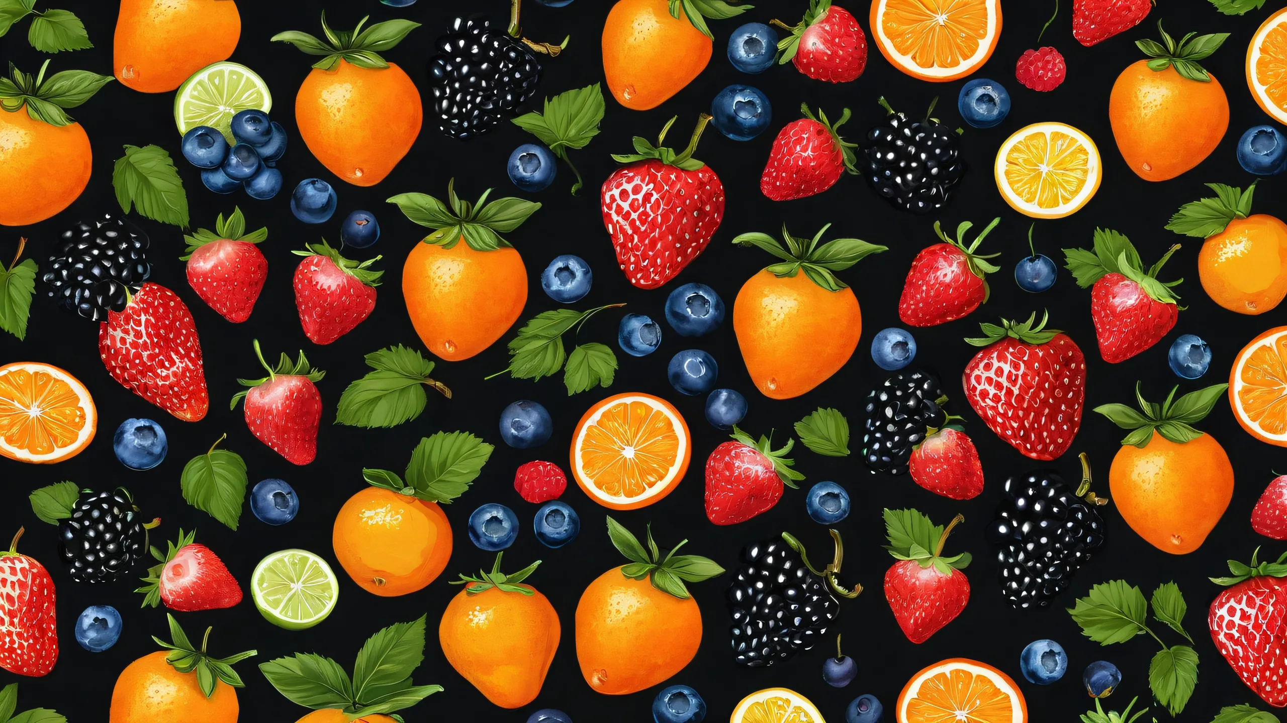 Stunning Fruitful Whimsy in Darkness Wallpaper A whimsical desktop scene featuring a cow amidst fruit and a void background for those with screen readers, suitable for Desktop/PC use.