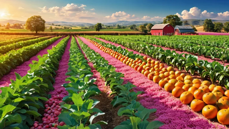 A sunny farm landscape featuring anthropomorphic fruits and a rustic farmer on a pristine desktop/pc