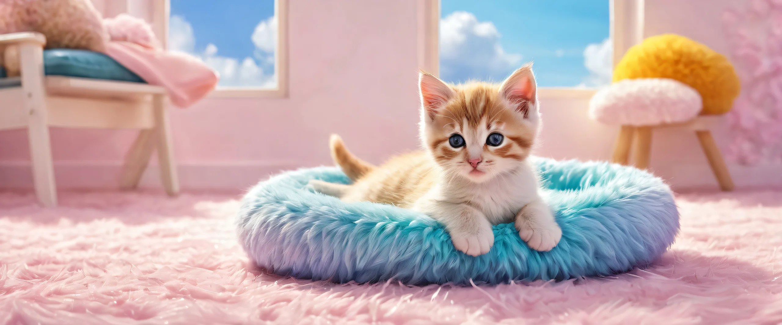 A desktop wallpaper featuring a kitten in a pristine void with soft bed and ethereal lighting, suitable for Desktop/PC.