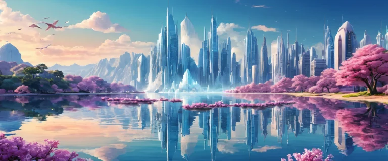 A serene and tranquil futuristic cityscape on a desktop/pc with a vast pure void and a lake in the background, featuring intricate details and atmospheric depth.