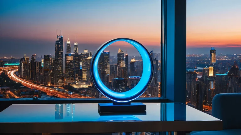 A futuristic table lamp with a glowing blue arc on a glass-topped console table in front of a cityscape at dusk, geeignet für Desktop/PC.