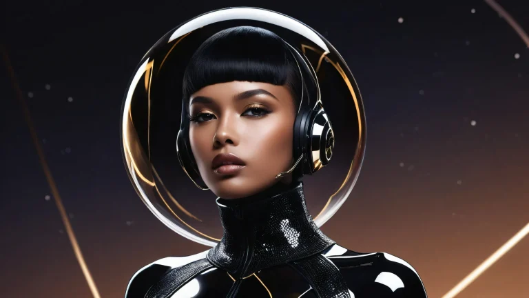 Stunning futuristic woman on a pristine glass-like background for desktop/pc use, featuring luxurious attire and planetary head.