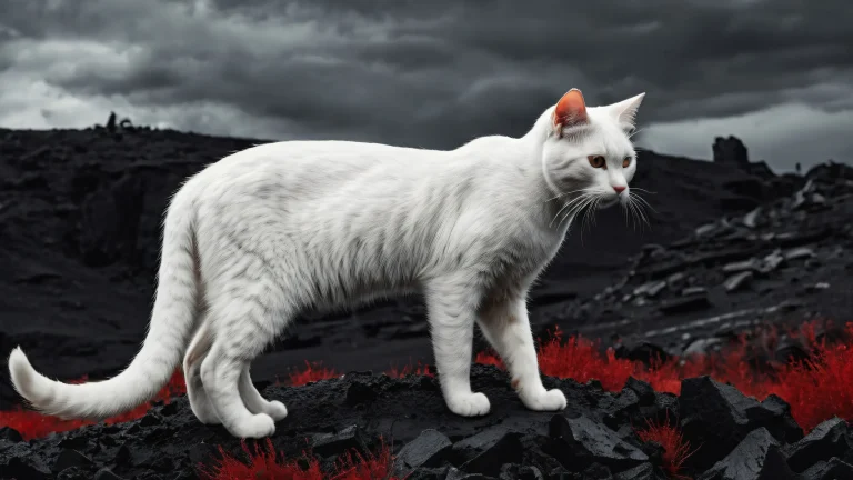 White Cat in post-apocalyptic landscape on a dark mode desktop/pc, extreme depth of field.