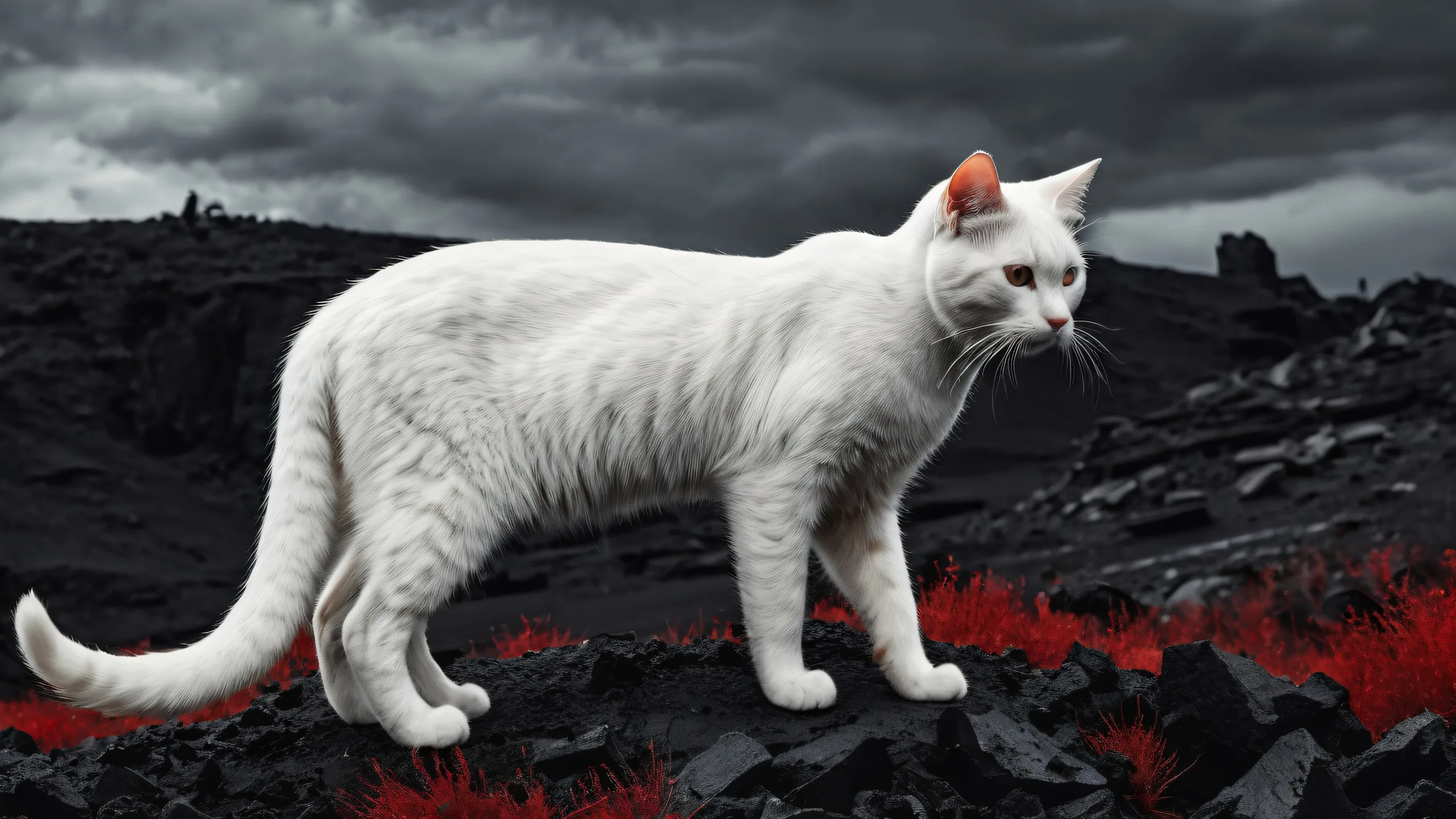 White Cat in post-apocalyptic landscape on a dark mode desktop/pc, extreme depth of field.