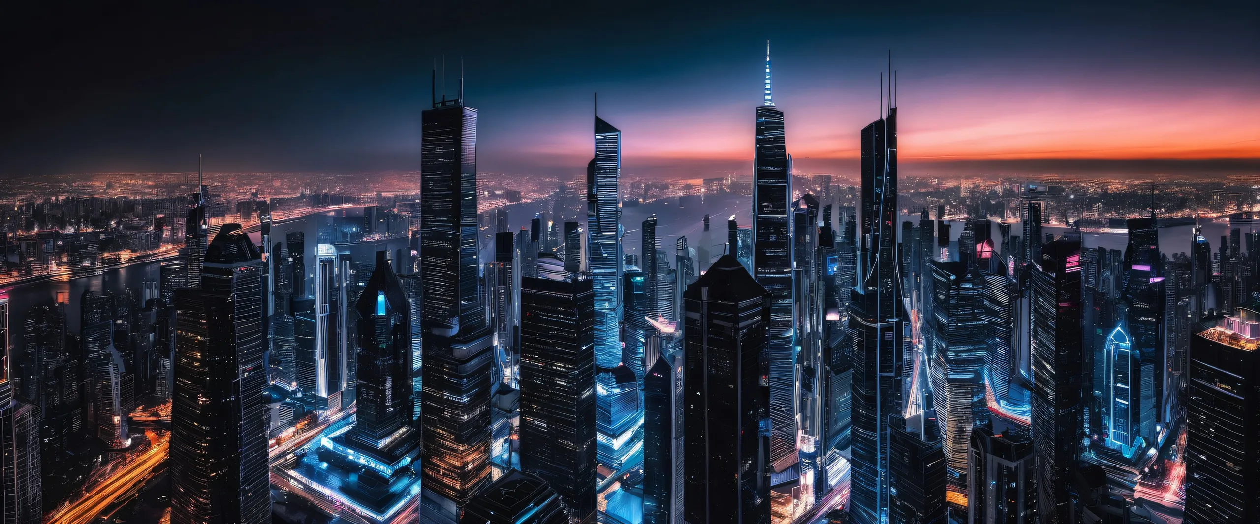 Award-winning digital art of a sleek futuristic cityscape on a desktop or PC, with perfect blacks and vibrant city lights.