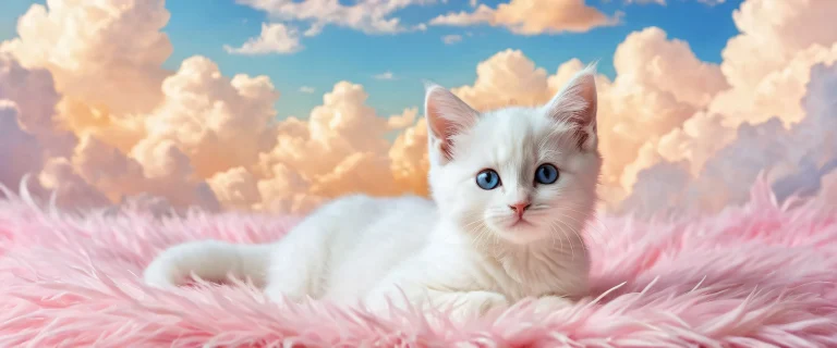 A desktop wallpaper featuring a kitten on a soft cat bed amidst white fluffy clouds against a pure void, Perfekt für Ihren Desktop/PC.