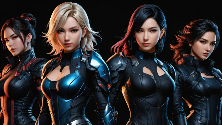Breathtaking galactic desktop wallpaper featuring video game girls in a vast void with extreme depth of field, parfait pour votre PC ou ordinateur de bureau.