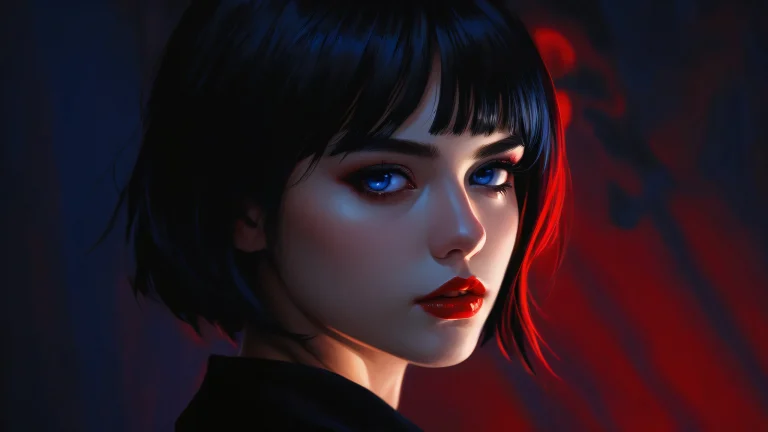 A young woman rises above a vast, pure void on a sleek dark mode desktop/PC background.