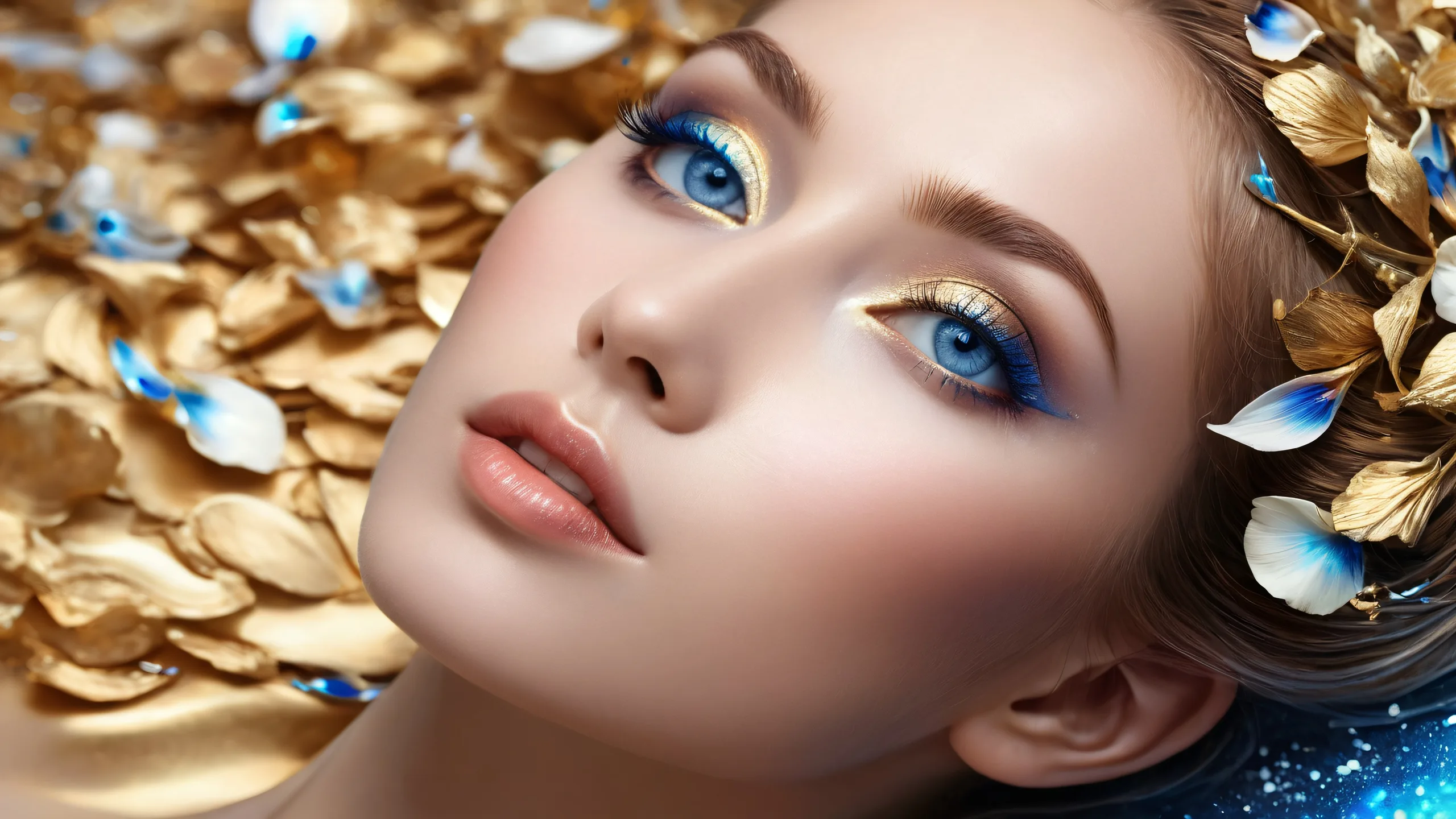 Woman in pure void with galaxies and ethereal lighting on desktop/pc