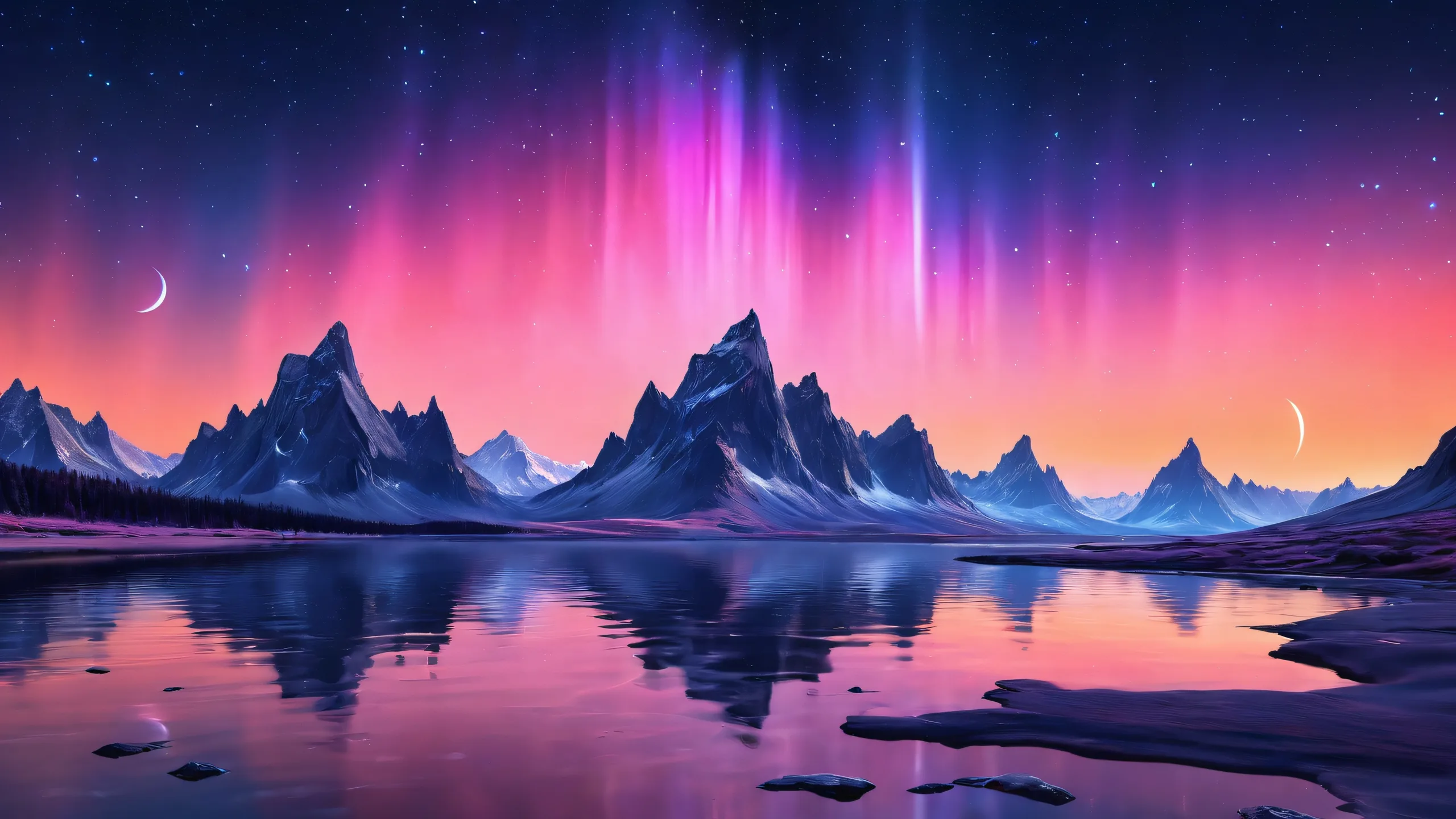 Aurora desktop wallpaper with radiant colors and reflections on a pure void background suitable for Desktop/PC screens.