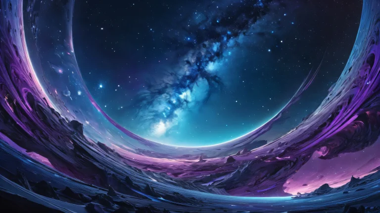 A serene and breathtaking desktop wallpaper of the Galaxy Center, perfect for a PC or Desktop. Features deep blues and purples, ethereal lighting, and radiant colors.