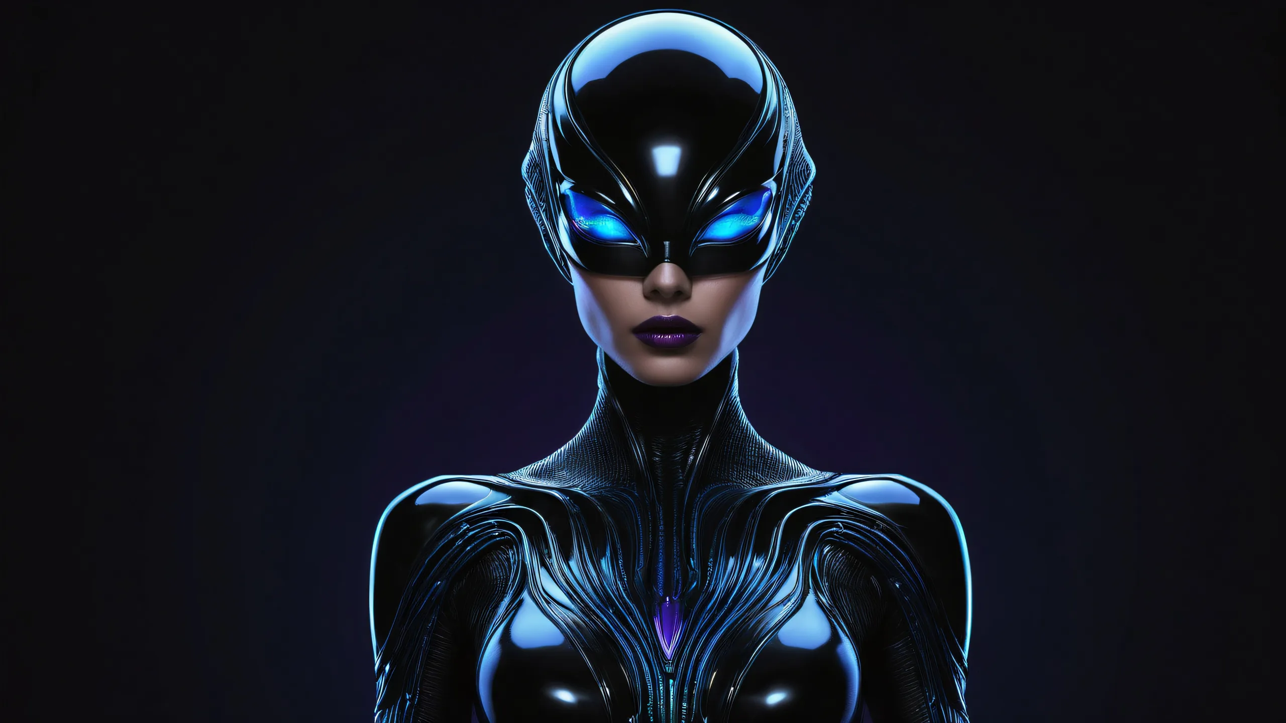 Alien woman amidst a vast void on a desktop/PC, perfect for cyberpunk aesthetics.