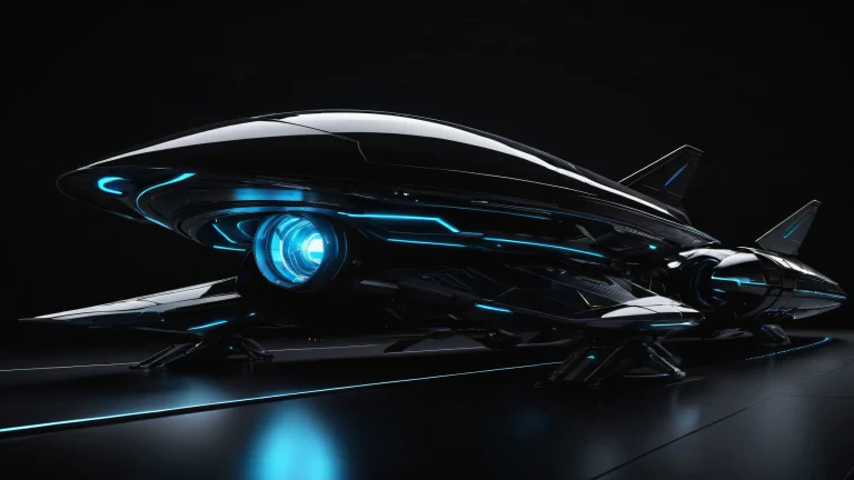 A futuristic spaceship desktop wallpaper for your PC or laptop with deep blacks and luminescent accents.