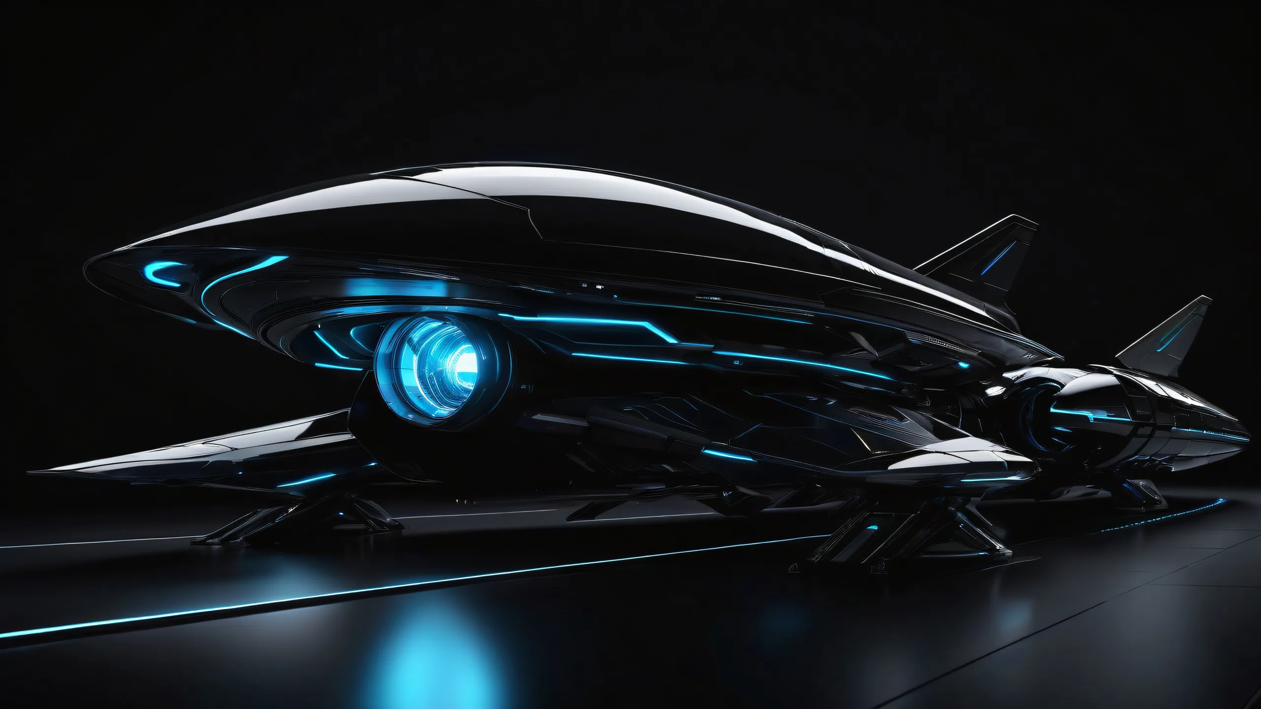 A futuristic spaceship desktop wallpaper for your PC or laptop with deep blacks and luminescent accents.