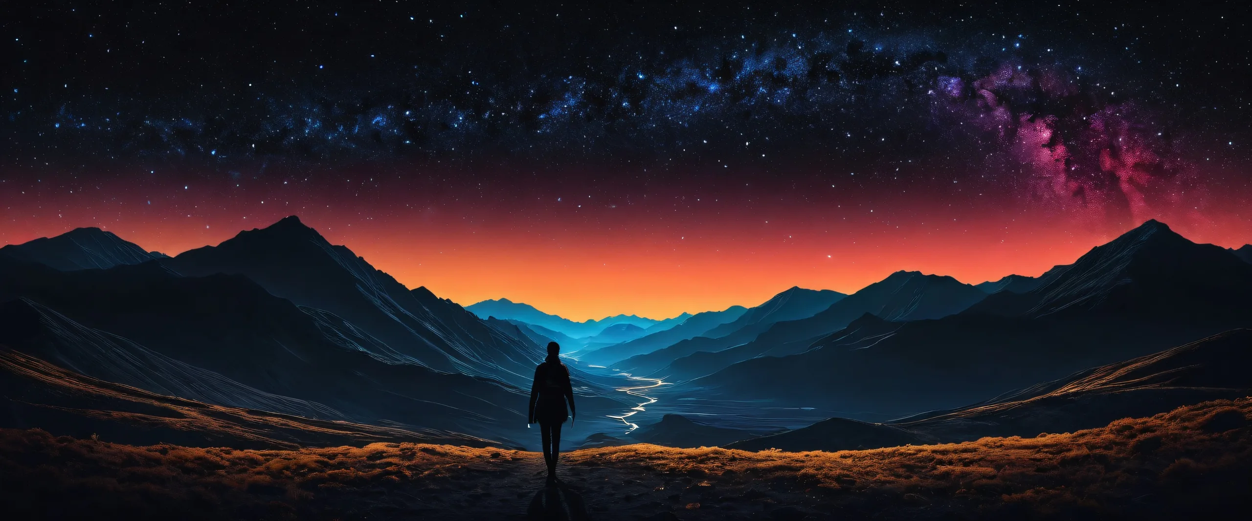 Galactic Odyssey at Night Aesthetic PC Wallpaper A starry night sky with a figure walking in the distance on a dark and sleek desktop or PC.