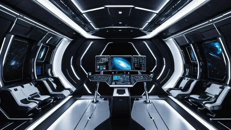 Breathtaking spaceship interior desktop wallpaper for PC or Desktop with deep blacks and luminescent accents.