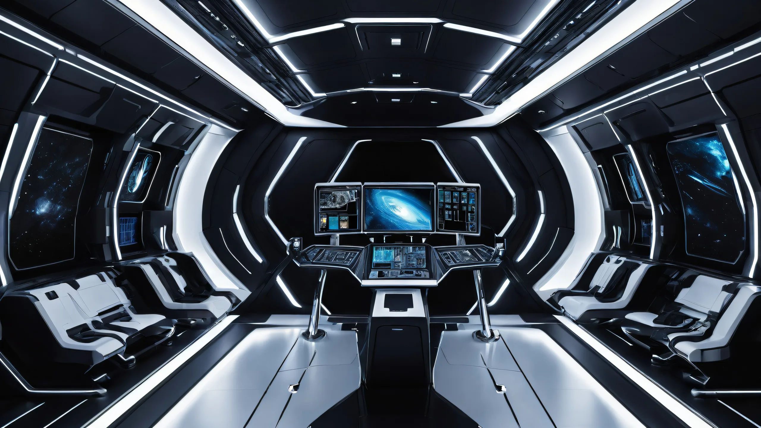 Breathtaking spaceship interior desktop wallpaper for PC or Desktop with deep blacks and luminescent accents.