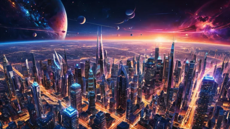 Cosmic desktop scene featuring GalacticCities with vibrant neon lights and intricate details, suitable for Desktop/PC.
