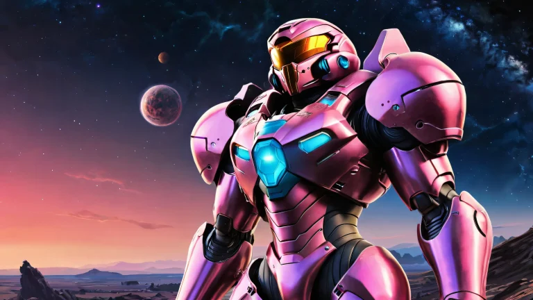 Sleek power armor stands watch amidst a vast, starry void on your desktop/pc.