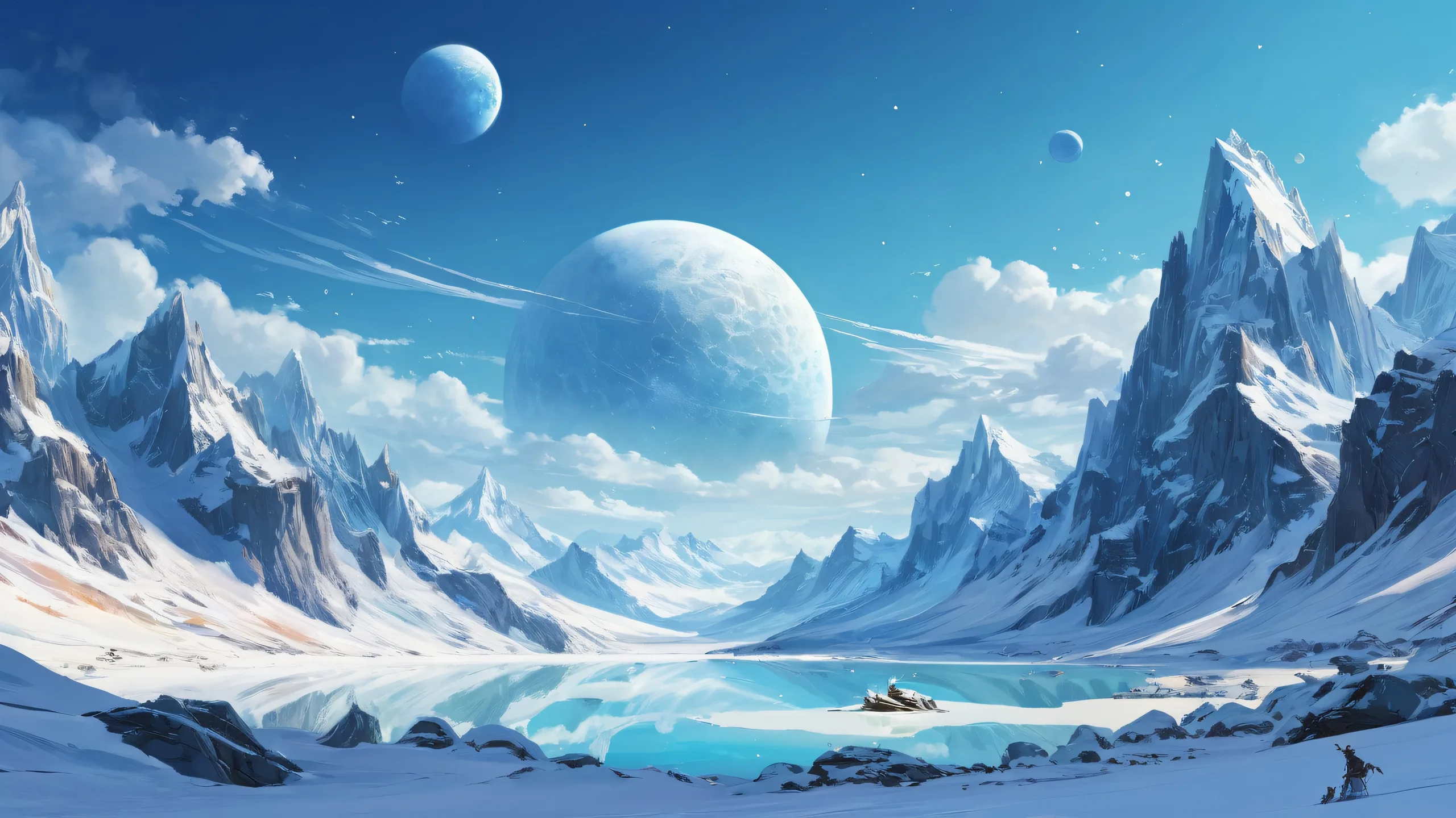 A peaceful desktop scene of a snow-covered planet set against a vast pure void on a Desktop/PC, evoking feelings of calmness and serenity.