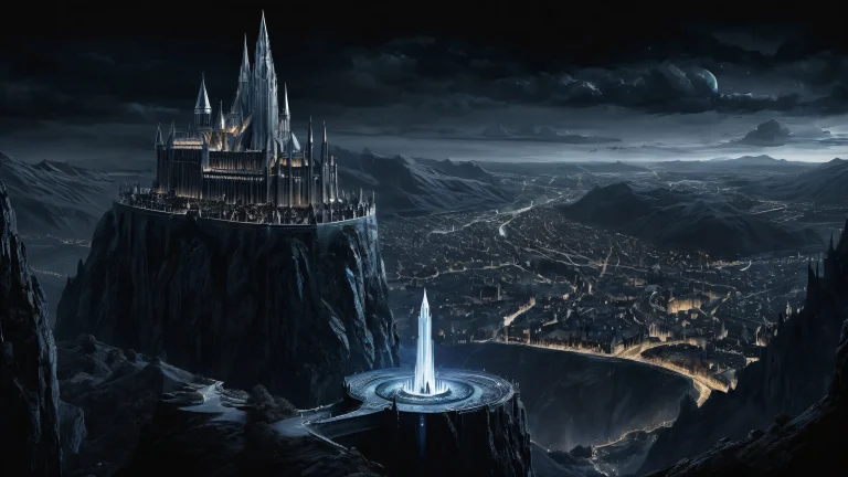 A stunning desktop scene featuring Minas Tirith and Gandalf against a pure void, perfect for any Desktop/PC user seeking an epic fantasy aesthetic.