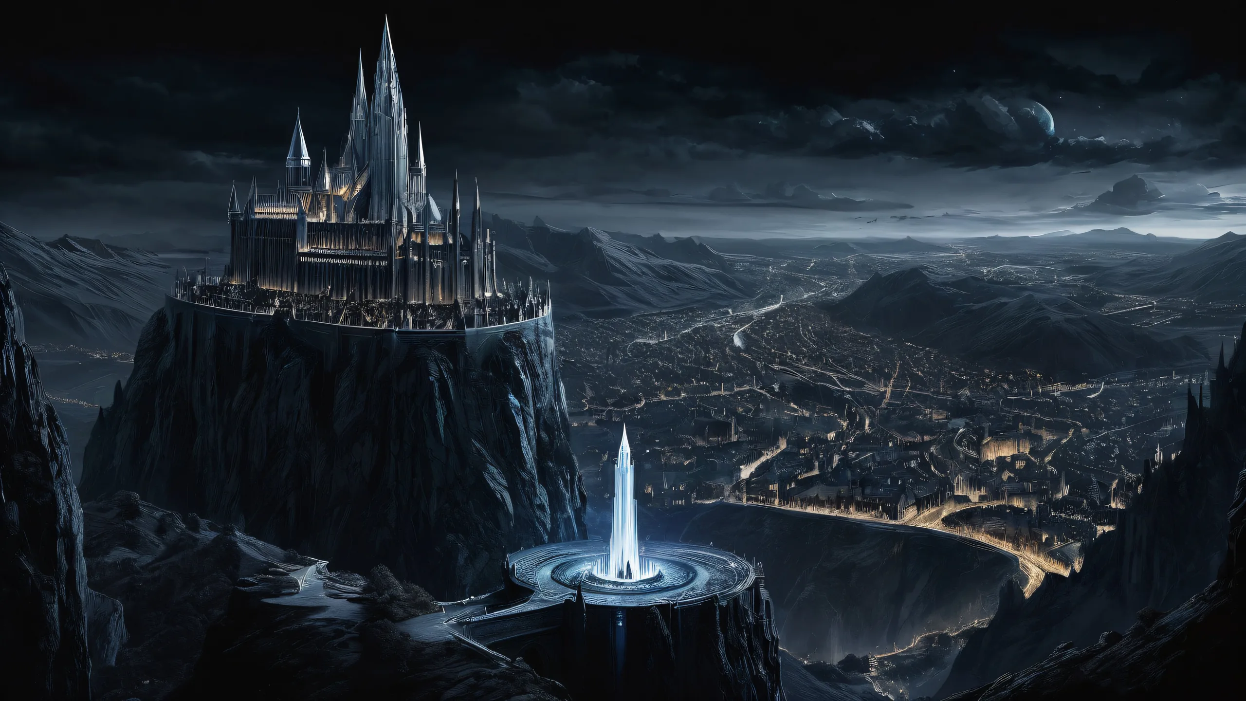 A stunning desktop scene featuring Minas Tirith and Gandalf against a pure void, perfect for any Desktop/PC user seeking an epic fantasy aesthetic.