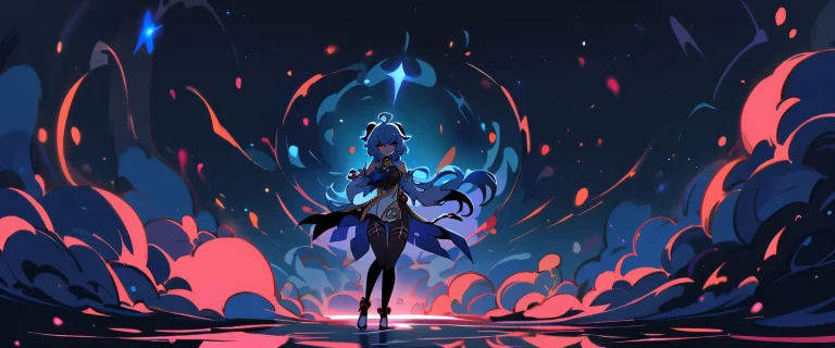 Ganyu looks out at the viewer from a vast, pure void with extreme depth of field, perfect blacks, and glowing lights against a deep purple and blue background on a 21:9 ultrawide desktop.