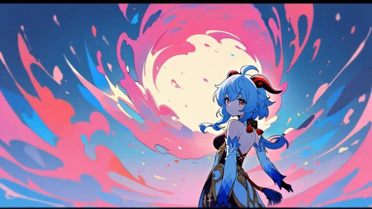 A beautifully detailed Ganyu solo scene for desktop/pc with a perfectly clean vast pure void and extreme depth of field, featuring pink and red hues.