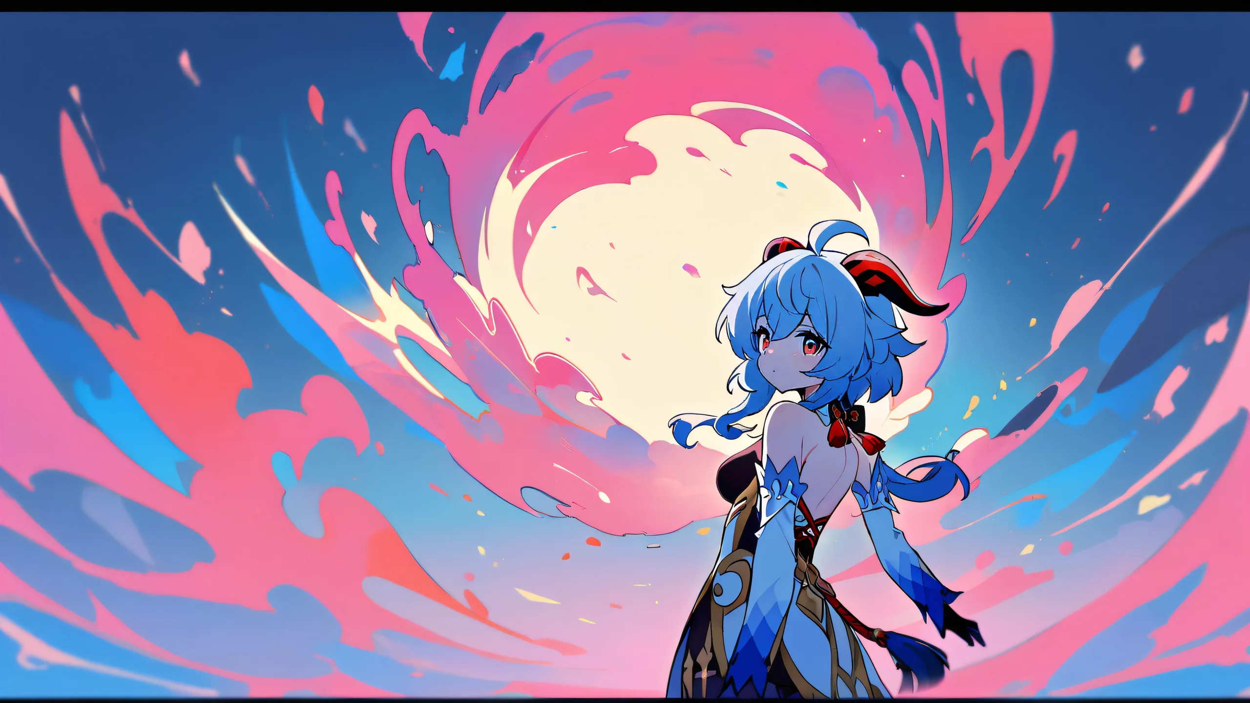 A beautifully detailed Ganyu solo scene for desktop/pc with a perfectly clean vast pure void and extreme depth of field, featuring pink and red hues.