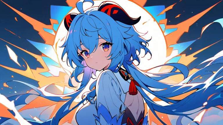 A minimalist anime scene of Ganyu from Genshin Impact looking directly at the viewer against a bright and airy background with vivid colors, perfect for desktop use.