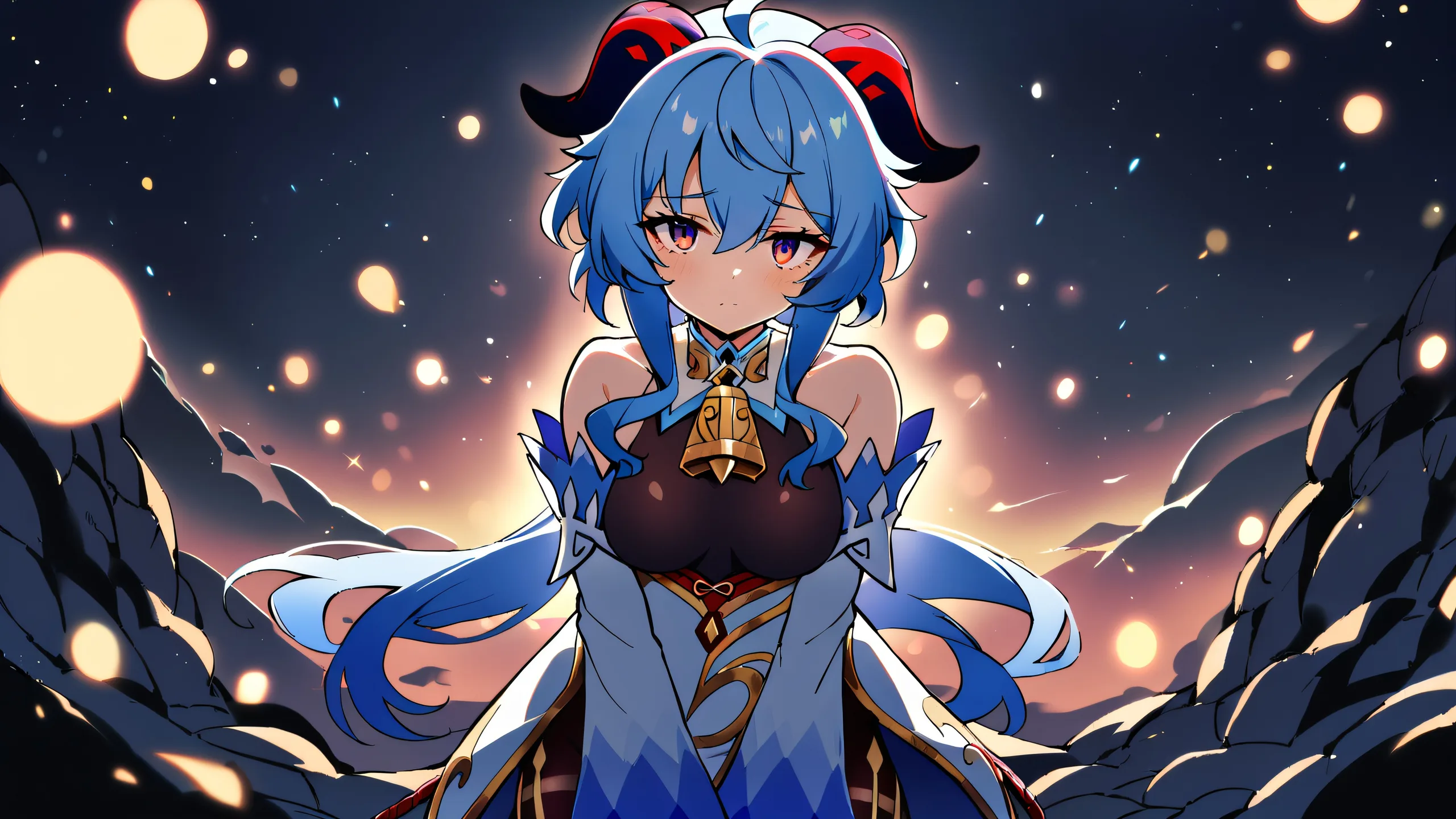 A serene Ganyu gazing into the distance on a dark, barren landscape with distant glowing lights and dramatic shadows. Perfect for your Desktop/PC.