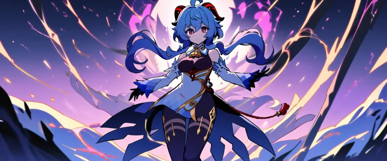 A beautifully serene anime girl, Ganyu, gazing directly at the viewer from a perfectly clean vast pure void, surrounded by a subtle hint of magic, on a 21:9 ultrawide panoramic desktop background.