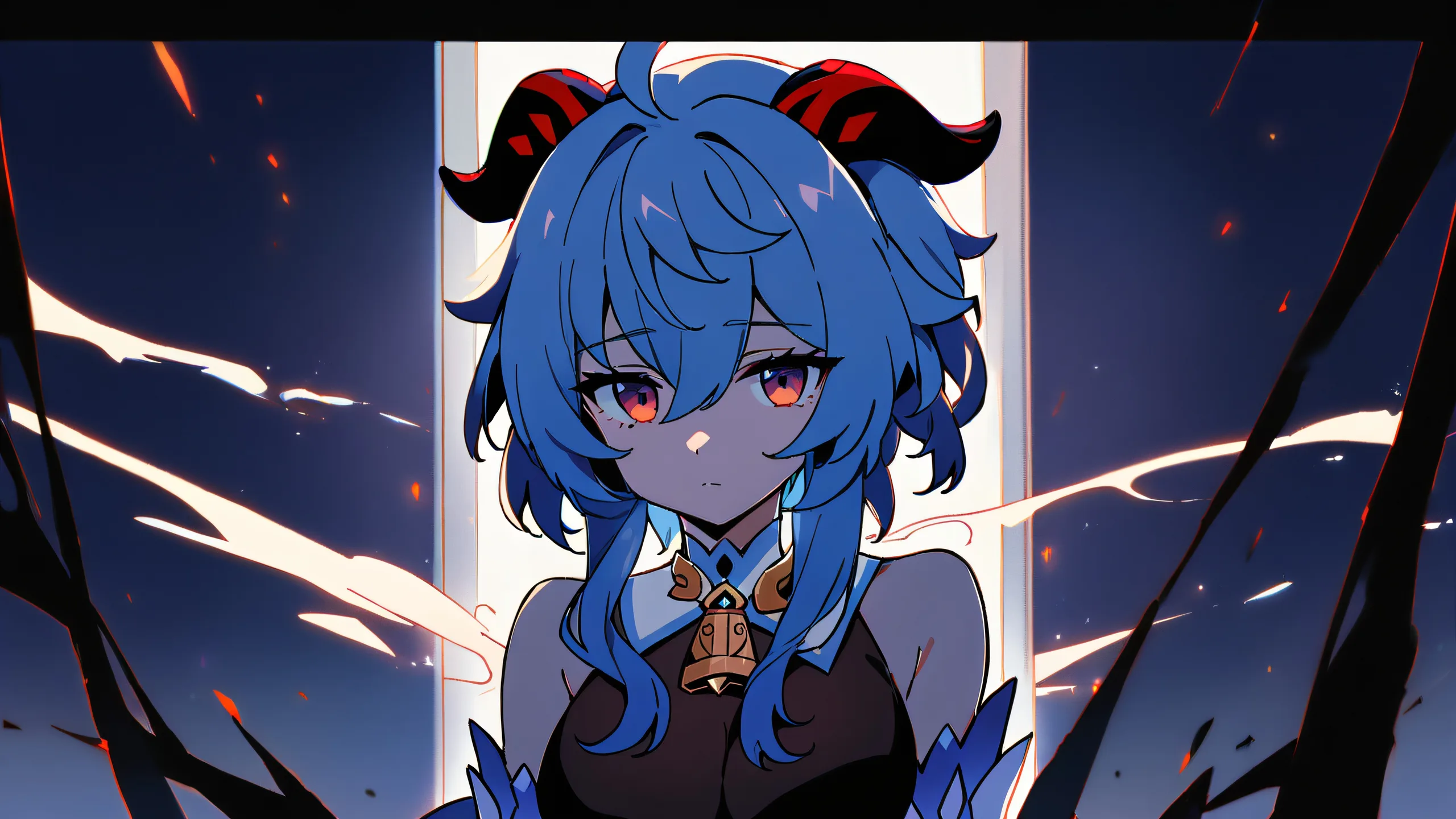 A serene Ganyu looking at the viewer in a vast pure void with perfectly clean blues and deep blacks, suitable for desktop/pc