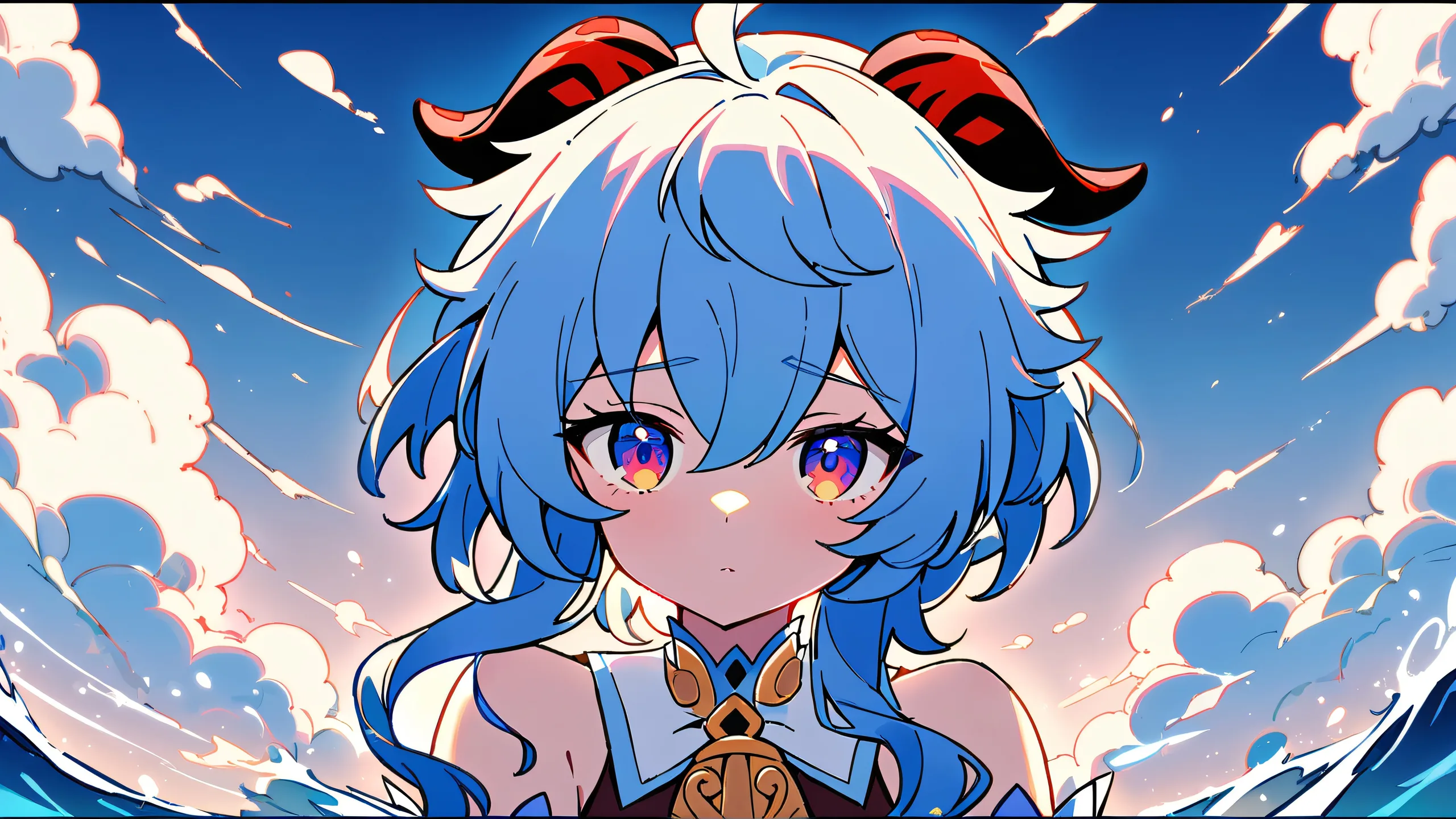 A serene anime-inspired desktop wallpaper of Ganyu from Genshin Impact looking directly at the viewer against a calming blue and white oceanic backdrop, perfect for a clean and vast PC screen.