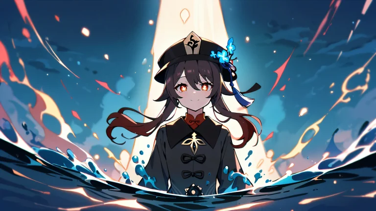 A girl from Genshin Impact gazes out at the viewer from a vast, perfectly clean void with an extreme depth of field in water and an ethereal blue aquamarine sky.