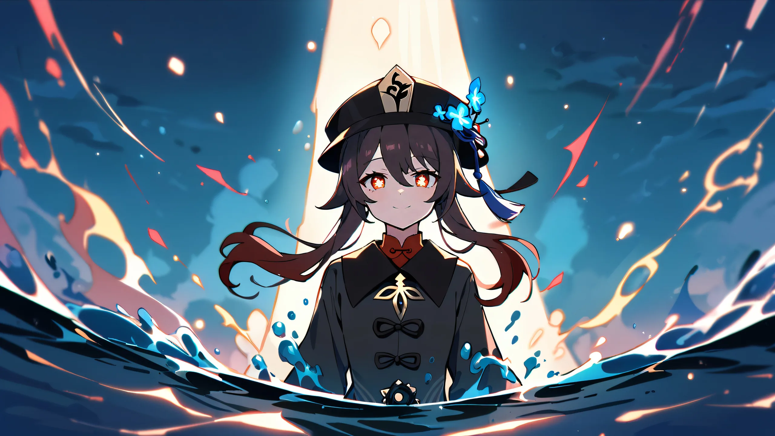 A girl from Genshin Impact gazes out at the viewer from a vast, perfectly clean void with an extreme depth of field in water and an ethereal blue aquamarine sky.