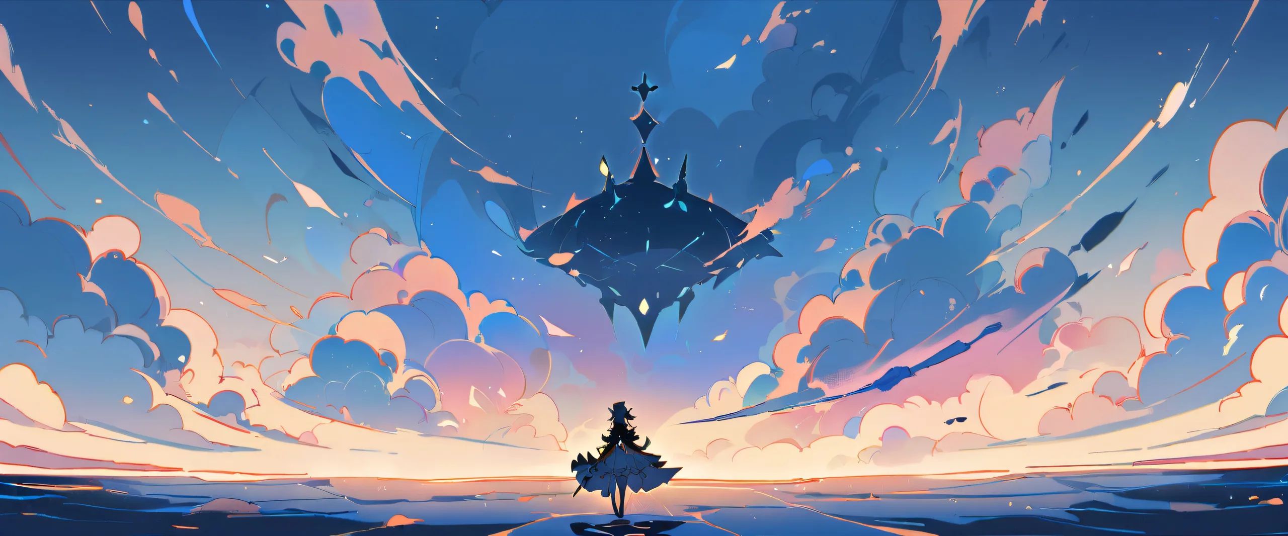 A serene Genshin Impact landscape featuring a lone girl standing on a vast, pure void of a salt flat, with a beautifully lit sky and an extreme depth of field, perfect for desktop viewing on a PC or laptop.