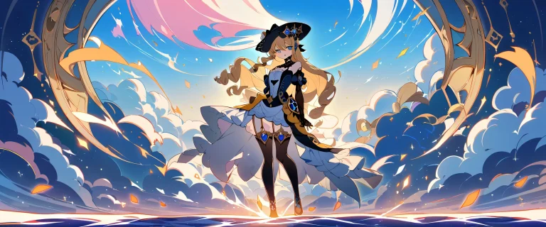 A young girl stands in a perfectly clean vast pure void, looking directly at the viewer, set against a bright blue and pure white sky on a 21:9 rapport d'aspect panoramique ultra-large.