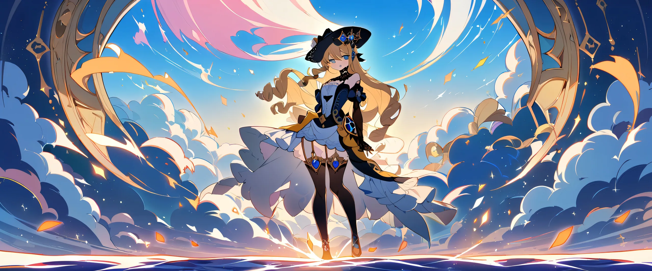 A young girl stands in a perfectly clean vast pure void, looking directly at the viewer, set against a bright blue and pure white sky on a 21:9 ultrawide panoramic aspect ratio.