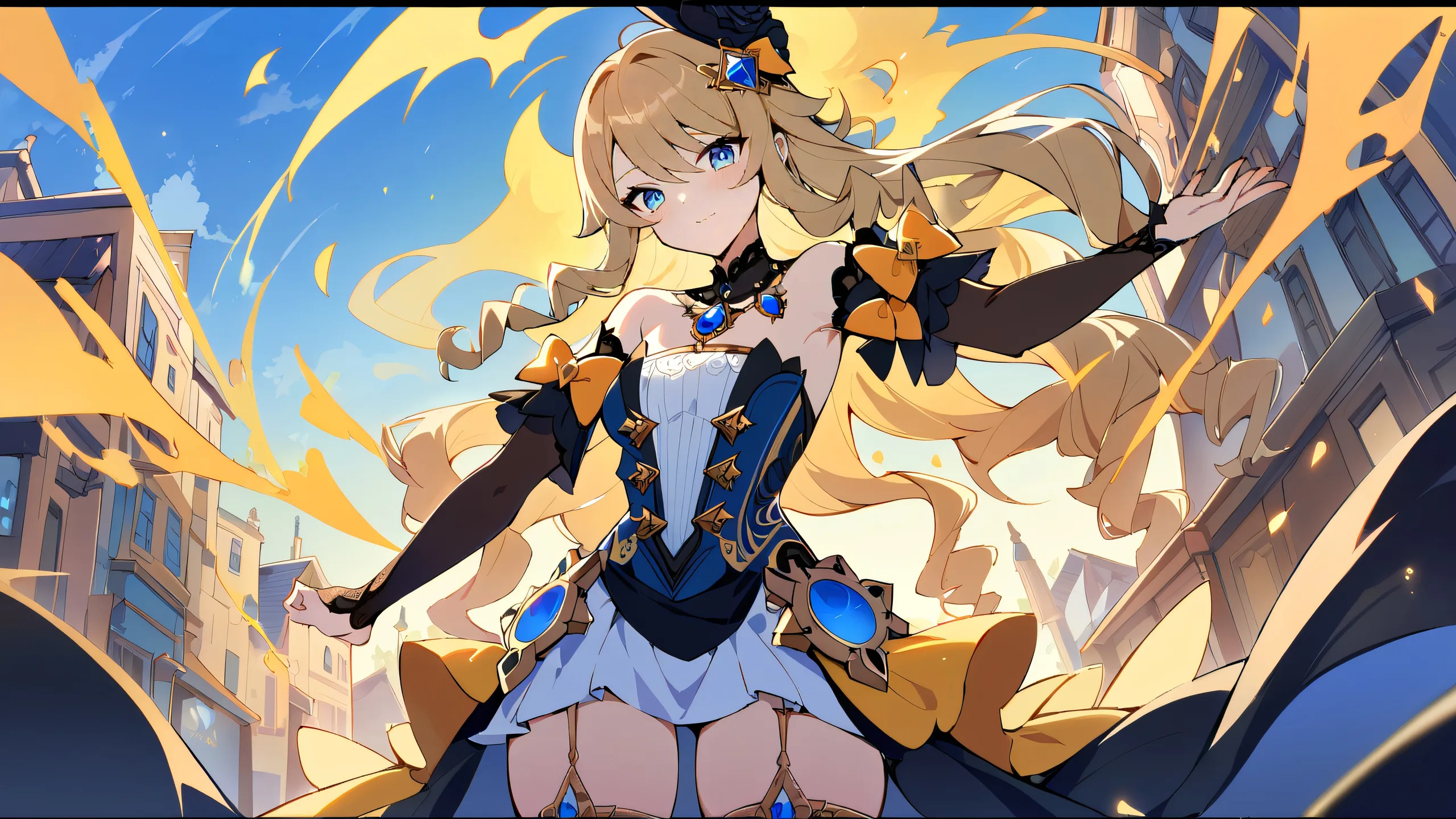 A girl from the anime series Genshin Impact sits in a perfectly clean vast pure void, looking directly at the viewer. The scene is set against a bright and airy background with deep blues and whites echoing the characters' iconic costumes. For screen readers: This image features a solo character from the popular anime series Genshin Impact on a desktop or PC.