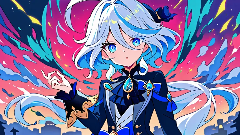 Stunning anime illustration of Furina from Genshin Impact on a clean and vast pure void with extreme depth of field, adapté pour ordinateur de bureau/PC