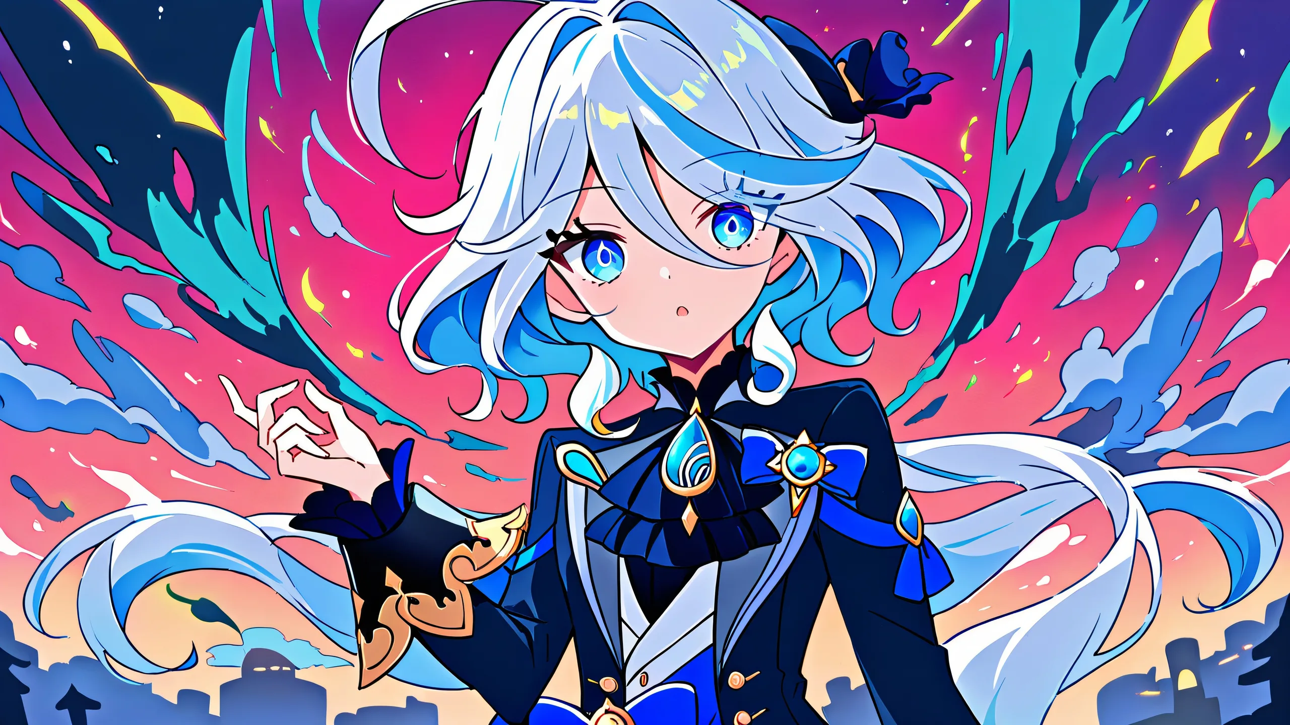 Stunning anime illustration of Furina from Genshin Impact on a clean and vast pure void with extreme depth of field, suitable for Desktop/PC
